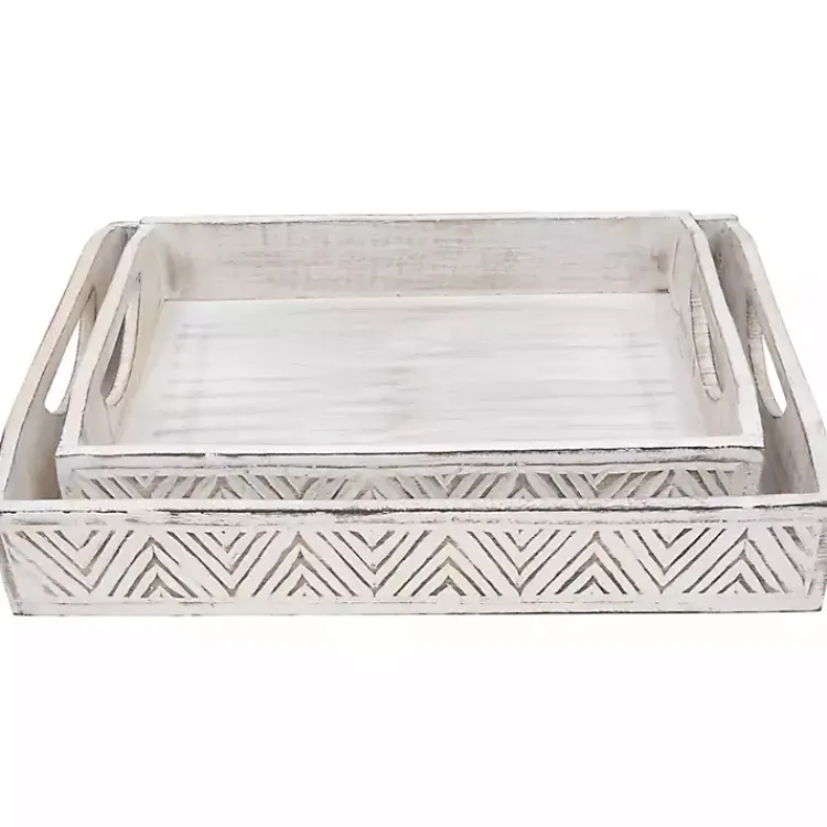 Decorative Trays>Kirklands Home Brushed Chevron Carved Trays, Set of 2 White