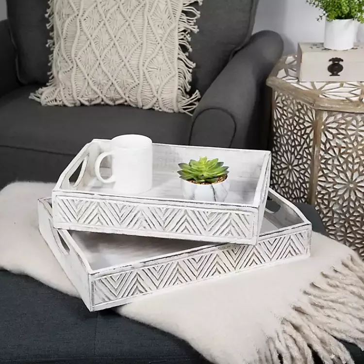 Decorative Trays>Kirklands Home Brushed Chevron Carved Trays, Set of 2 White