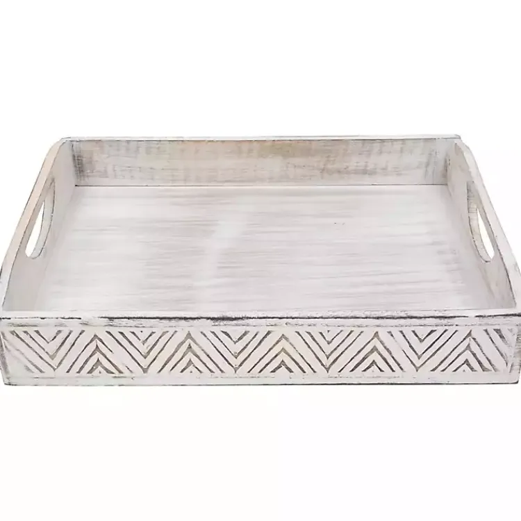Decorative Trays>Kirklands Home Brushed Chevron Carved Trays, Set of 2 White