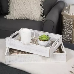 Decorative Trays>Kirklands Home Brushed Mandala Carved Trays, Set of 2 White