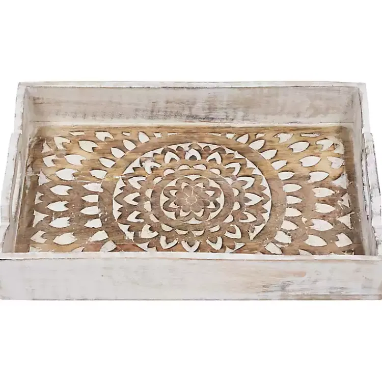 Decorative Trays>Kirklands Home Brushed Mandala Carved Trays, Set of 2 White