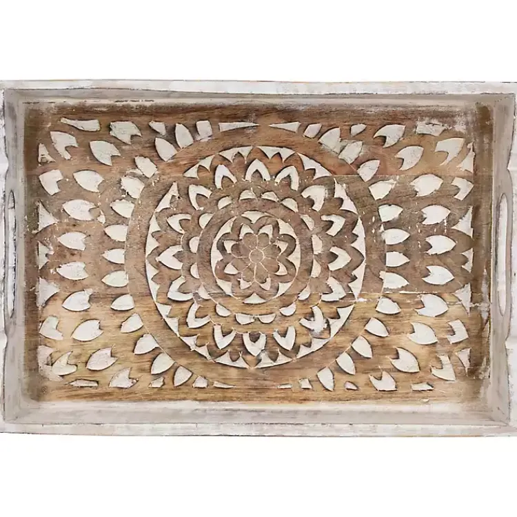 Decorative Trays>Kirklands Home Brushed Mandala Carved Trays, Set of 2 White