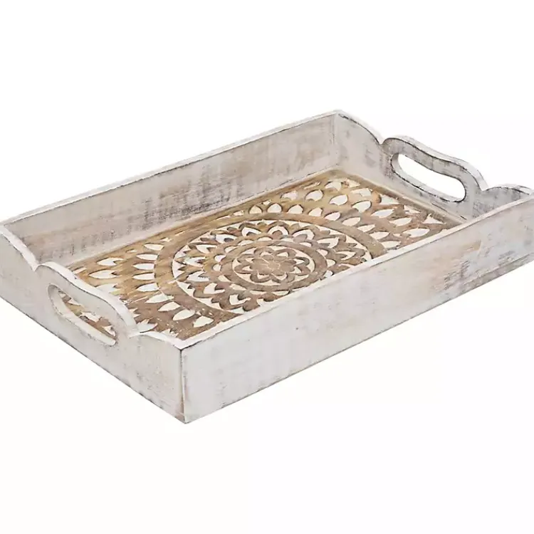Decorative Trays>Kirklands Home Brushed Mandala Carved Trays, Set of 2 White