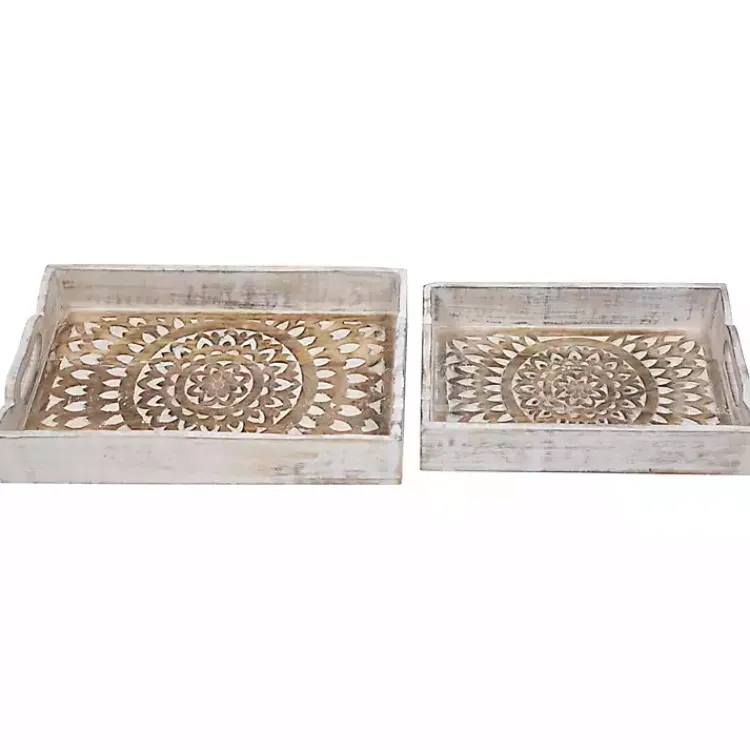 Decorative Trays>Kirklands Home Brushed Mandala Carved Trays, Set of 2 White