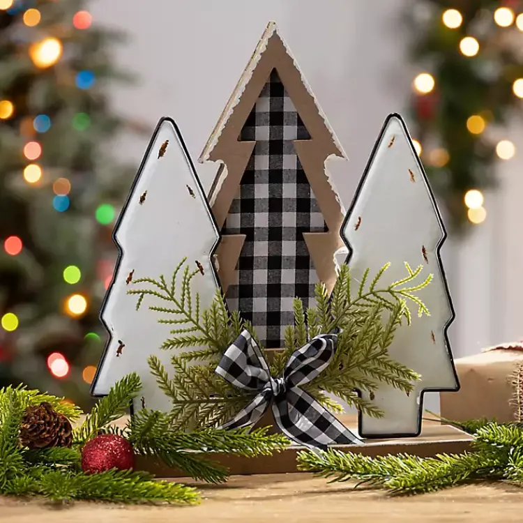 Christmas Decorations>Kirklands Home Buffalo Check Bow Tabletop Christmas Tree Trio