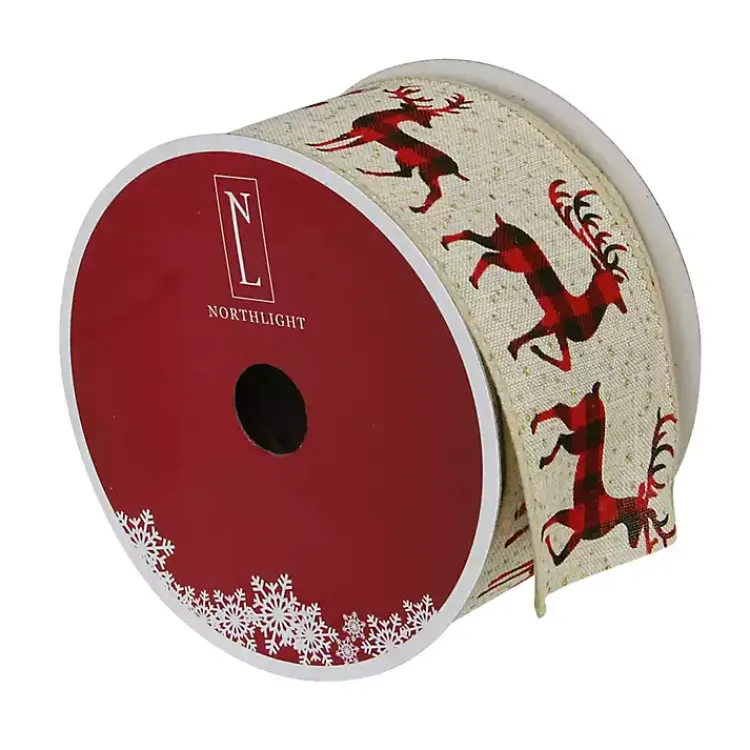 Christmas Tree Decorations>Kirklands Home Buffalo Plaid Reindeer 16 yard Christmas Ribbon