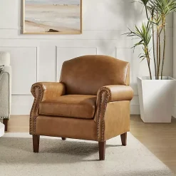 Kirklands Home Camel Faux Leather Nailhead Taylor Armchair Tan New