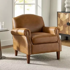 Kirklands Home Camel Faux Leather Nailhead Taylor Armchair Tan New