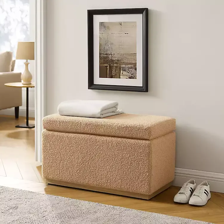 Kirklands Home Camel Sherpa & Pine Recgle Storage Ottoman Tan New