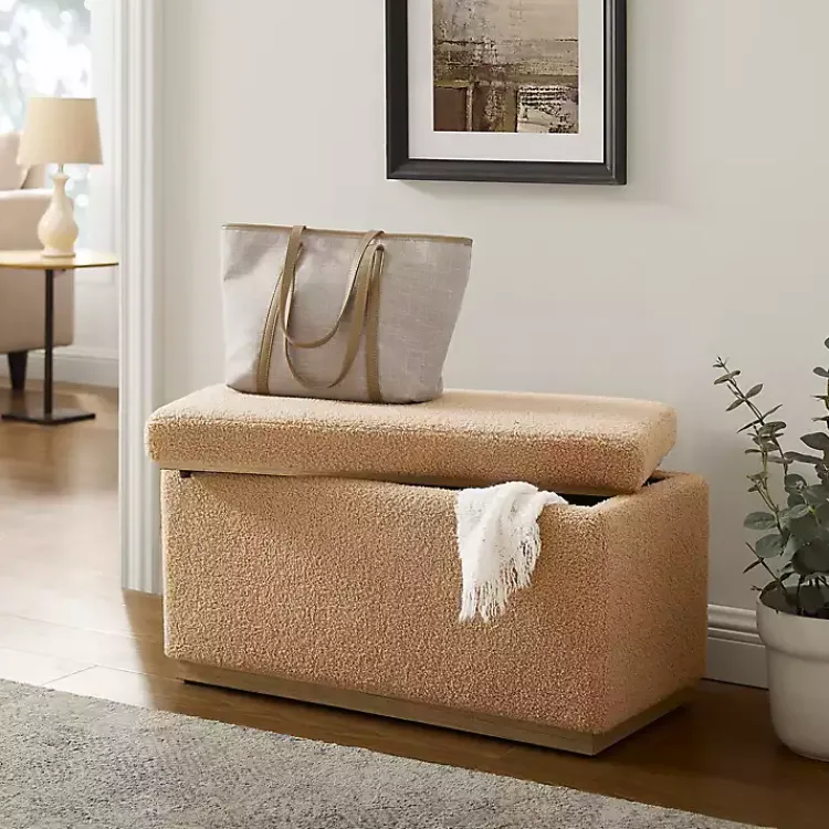 Kirklands Home Camel Sherpa & Pine Recgle Storage Ottoman Tan New