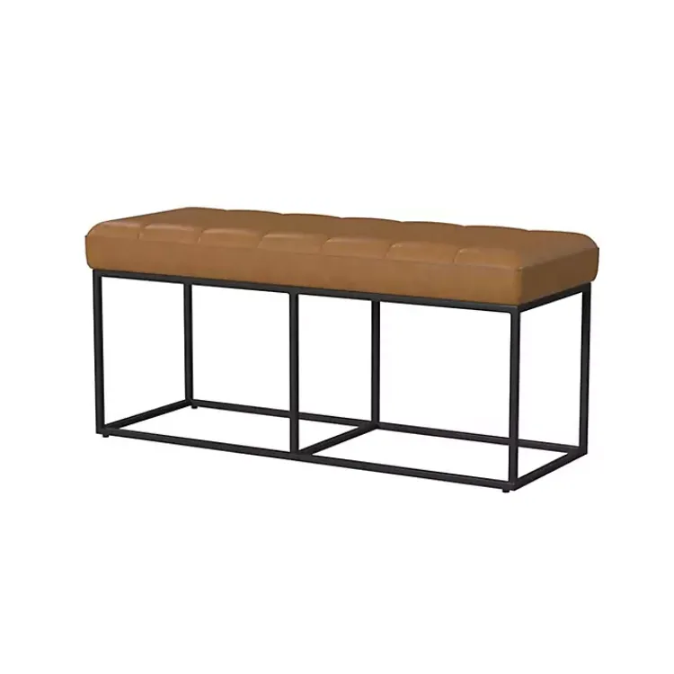 Kirklands Home Caramel Faux Leather Upholstered Metal Frame Bench Tan Discount