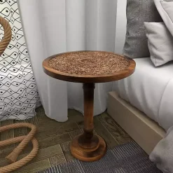 Kirklands Home Carved Mandala Mango Wood Accent Table Brown Outlet