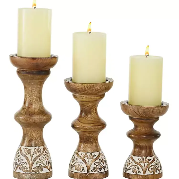 Candle Holders>Kirklands Home Carved Mango Wood Pillar Candle Holders, Set of 3 Brown