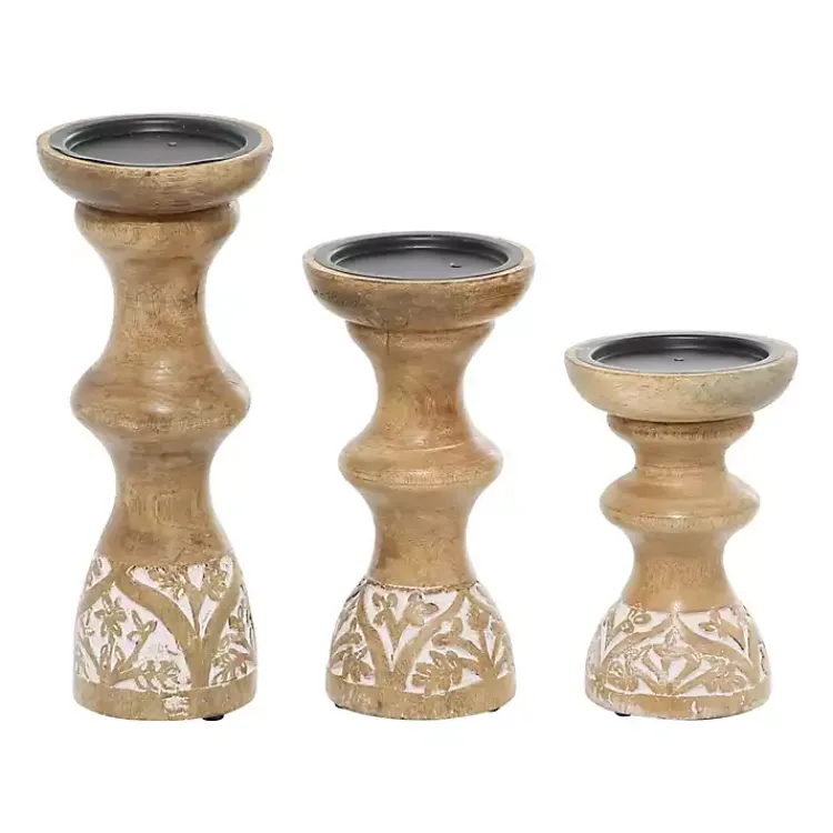 Candle Holders>Kirklands Home Carved Mango Wood Pillar Candle Holders, Set of 3 Brown