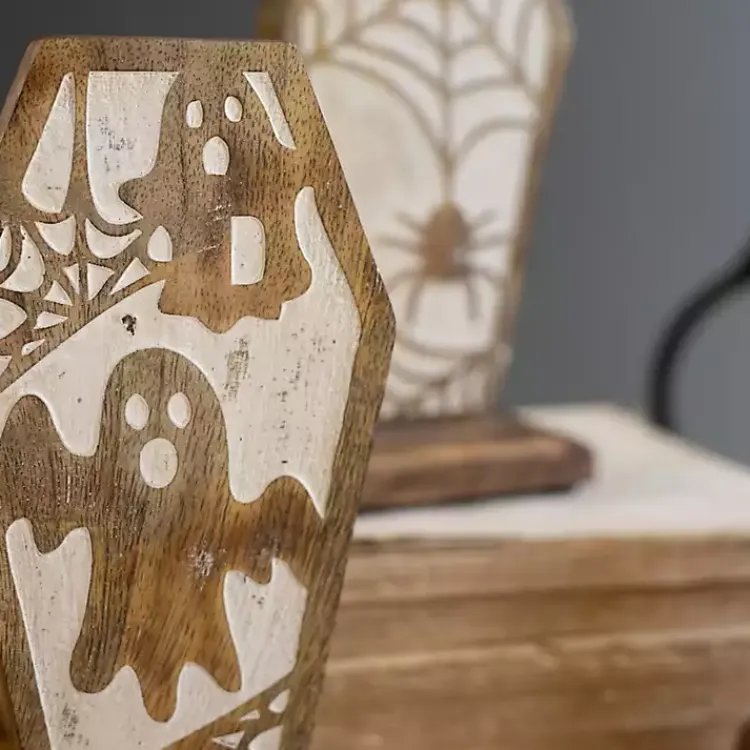 Halloween>Kirklands Home Carved Wooden Coffin Statues, Set of 3