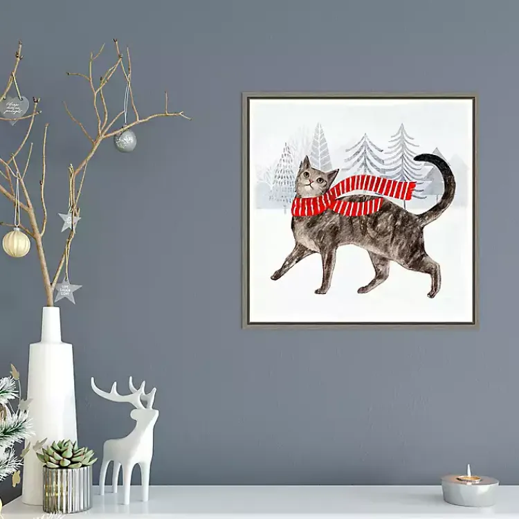 Christmas Art & Wall Decor>Kirklands Home Cat with Red Scarf Christmas Canvas Wall Plaque