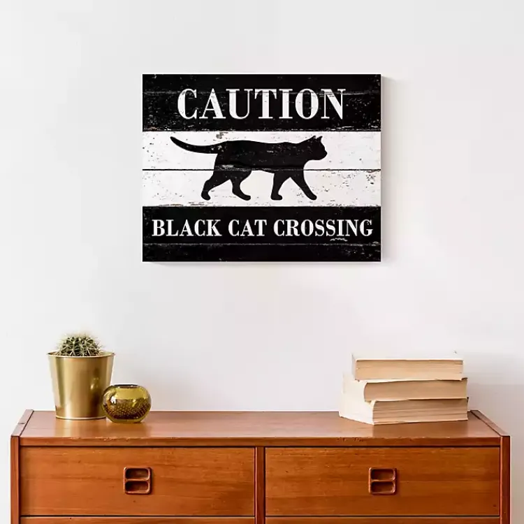 Halloween>Kirklands Home Caution Black Cat Crossing Halloween Canvas Print