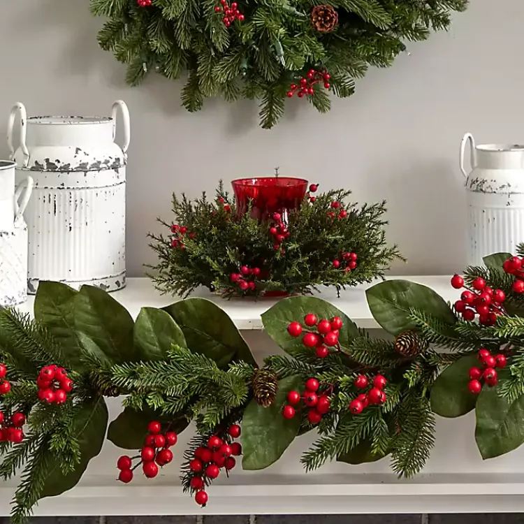 Christmas Centerpieces>Kirklands Home Cedar and Berry Candle Ring Centerpiece