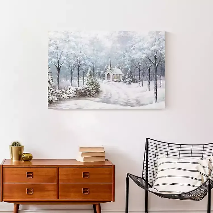 Christmas Art & Wall Decor>Kirklands Home Chapel in a Winter Forest Canvas Art Print White
