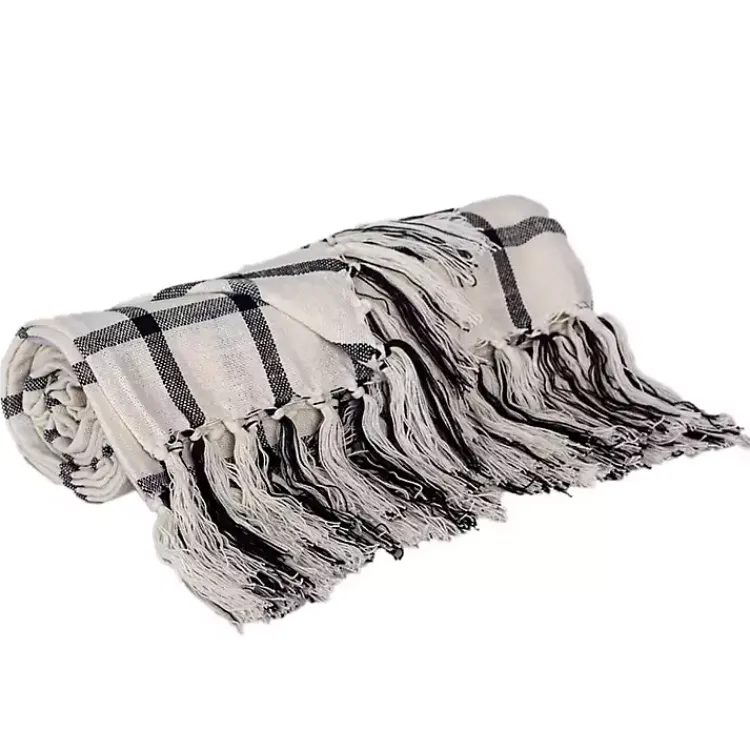 Blankets & Throws>Kirklands Home Charcoal and White Plaid Tassel Throw