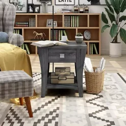 Kirklands Home Charcoal Wood Single Drawer Side Table Gray New