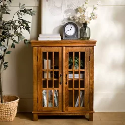 Kirklands Home Charlie Natural Mango Wood Windowpane Cabinet Brown Hot