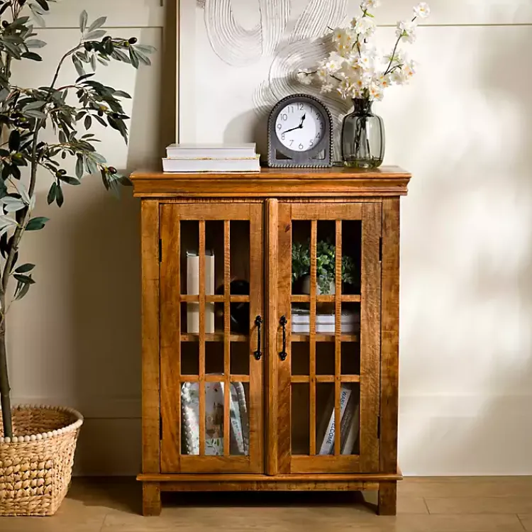 Kirklands Home Charlie Natural Mango Wood Windowpane Cabinet Brown Hot