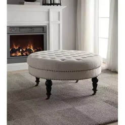 Kirklands Home Charlotte Tufted Round Natural Ottoman White New