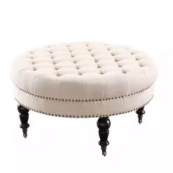 Kirklands Home Charlotte Tufted Round Natural Ottoman White New
