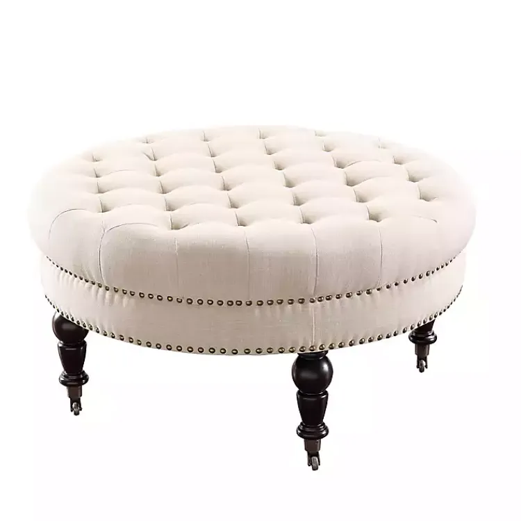 Kirklands Home Charlotte Tufted Round Natural Ottoman White New