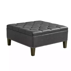 Kirklands Home Charocal Button Tufted Leather Ottoman Gray Outlet