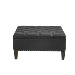 Kirklands Home Charocal Button Tufted Leather Ottoman Gray Outlet