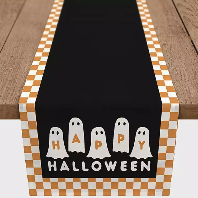 Halloween>Kirklands Home Checker Happy Halloween Ghost Table Runner, 72 in.