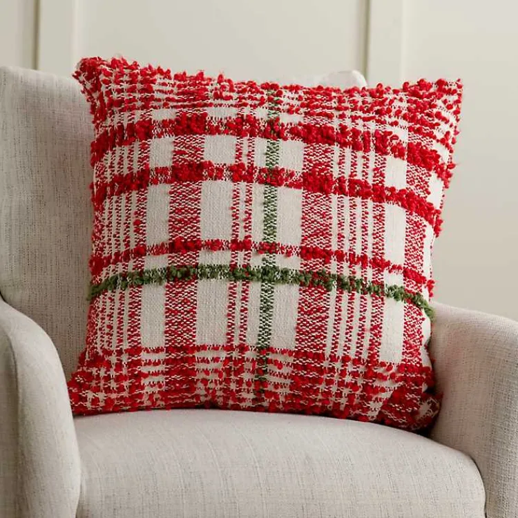 Christmas Pillows>Kirklands Home Chenille Red and Green Plaid Christmas Pillow