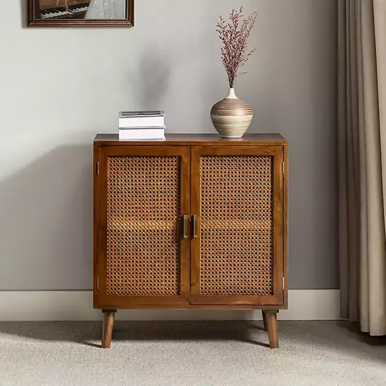 Kirklands Home Cherry Wood Frame Rattan Front Cabinet Brown New