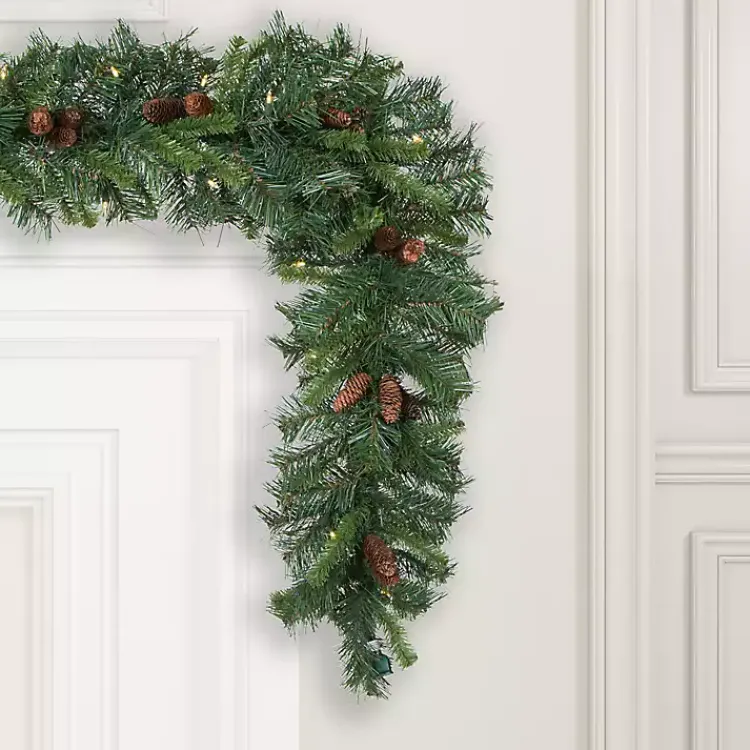 Christmas Arrangements & Garland>Kirklands Home Cheyenne Pinecone Warm White LED Lit Garland Green