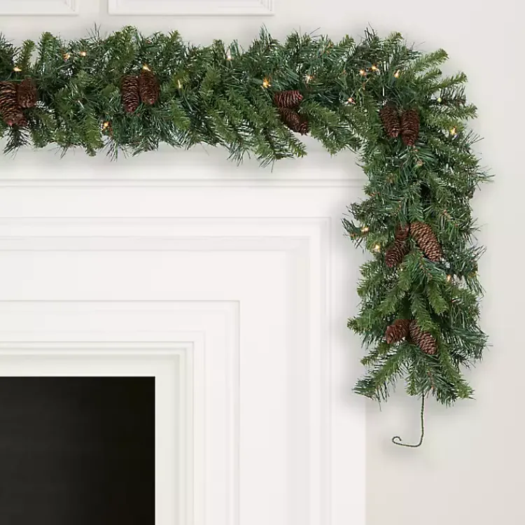 Christmas Arrangements & Garland>Kirklands Home Cheyenne Pinecone Warm White LED Lit Garland Green