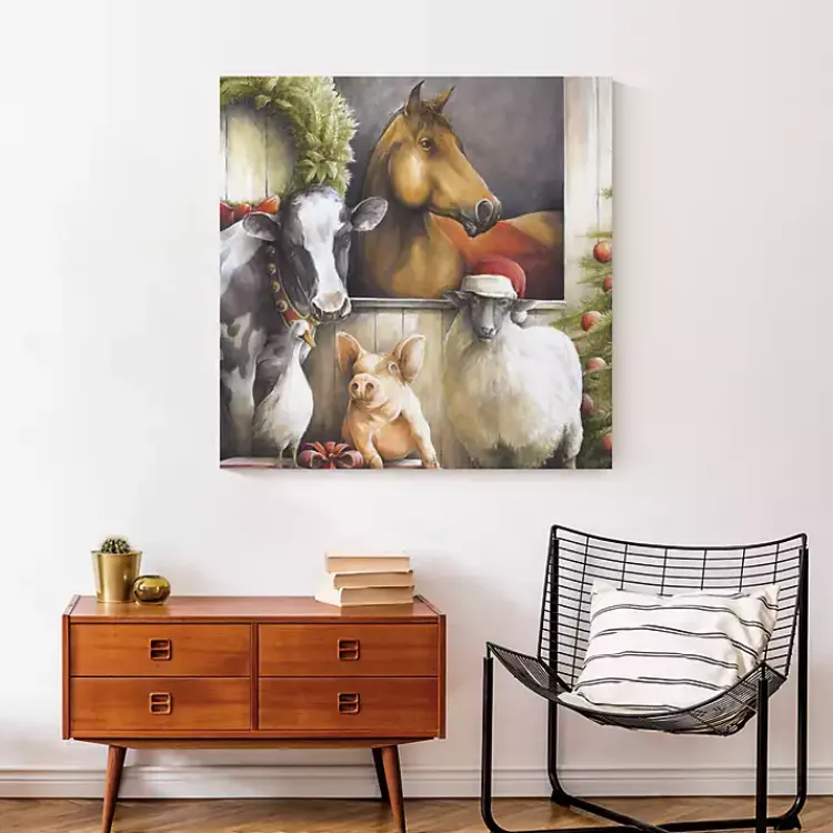 Christmas Art & Wall Decor>Kirklands Home Christmas Barn Animals Canvas Art Print Multi