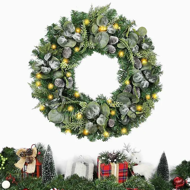 Wreaths>Kirklands Home Christmas Eucalyptus Pine Mix Pre-Lit Wreath Green