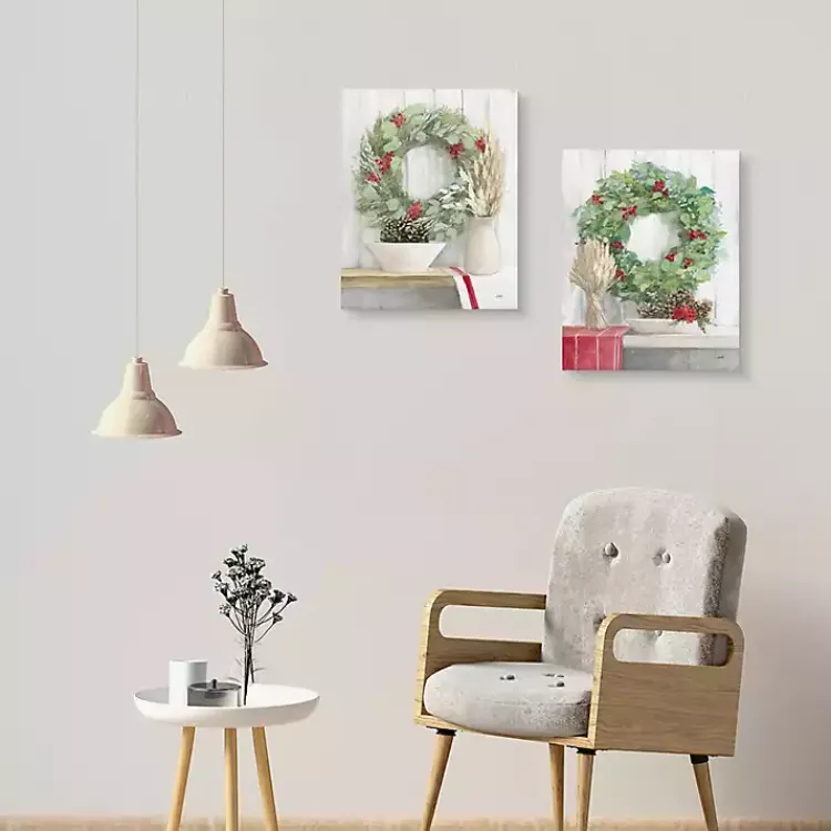Christmas Art & Wall Decor>Kirklands Home Christmas Holly Wreath Canvas Art Prints, Set of 2