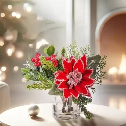Christmas Arrangements & Garland>Kirklands Home Christmas Poinsettia & Pine Faux Water Arrangement