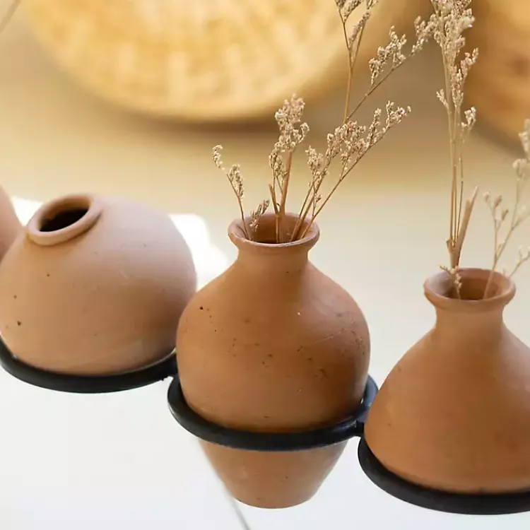 Vases>Kirklands Home Clay Mini Vases with Iron Base, Set of 9 Orange