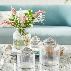 Decorative Bowls & Jars>Kirklands Home Clear Glass Jars with Decorative Lids, Set of 3