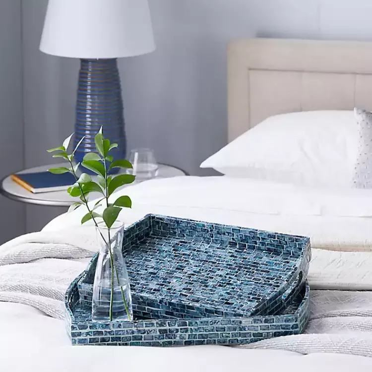 Decorative Trays>Kirklands Home Coastal Wood and Oyster Shell Trays, Set of 2 Blue