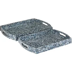 Decorative Trays>Kirklands Home Coastal Wood and Oyster Shell Trays, Set of 2 Blue