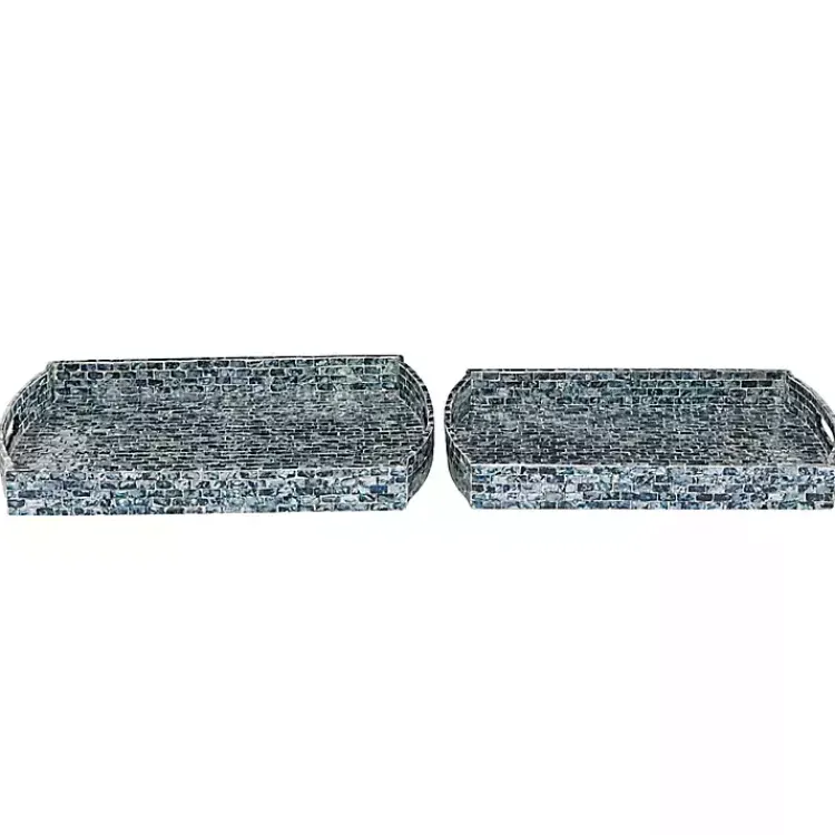 Decorative Trays>Kirklands Home Coastal Wood and Oyster Shell Trays, Set of 2 Blue