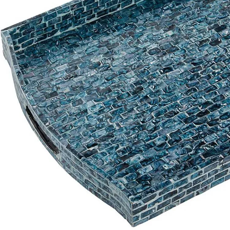 Decorative Trays>Kirklands Home Coastal Wood and Oyster Shell Trays, Set of 2 Blue