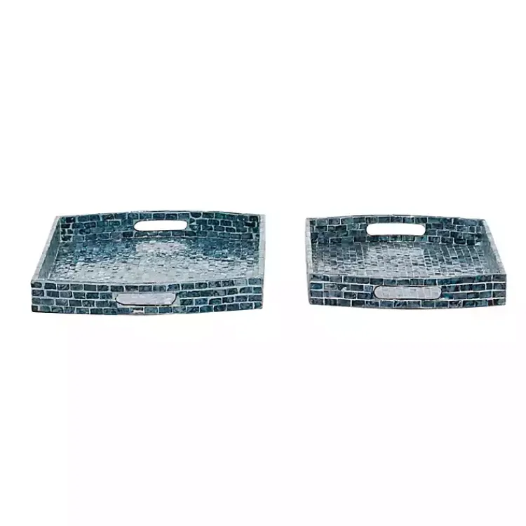 Decorative Trays>Kirklands Home Coastal Wood and Oyster Shell Trays, Set of 2 Blue