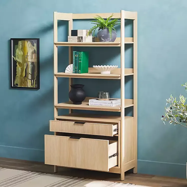 Kirklands Home Coastal Oak 2-Drawer Modern Wood Bookcase Tan Hot