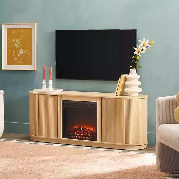 Kirklands Home Coastal Oak Reeded Fireplace Media Cabinet Tan Hot